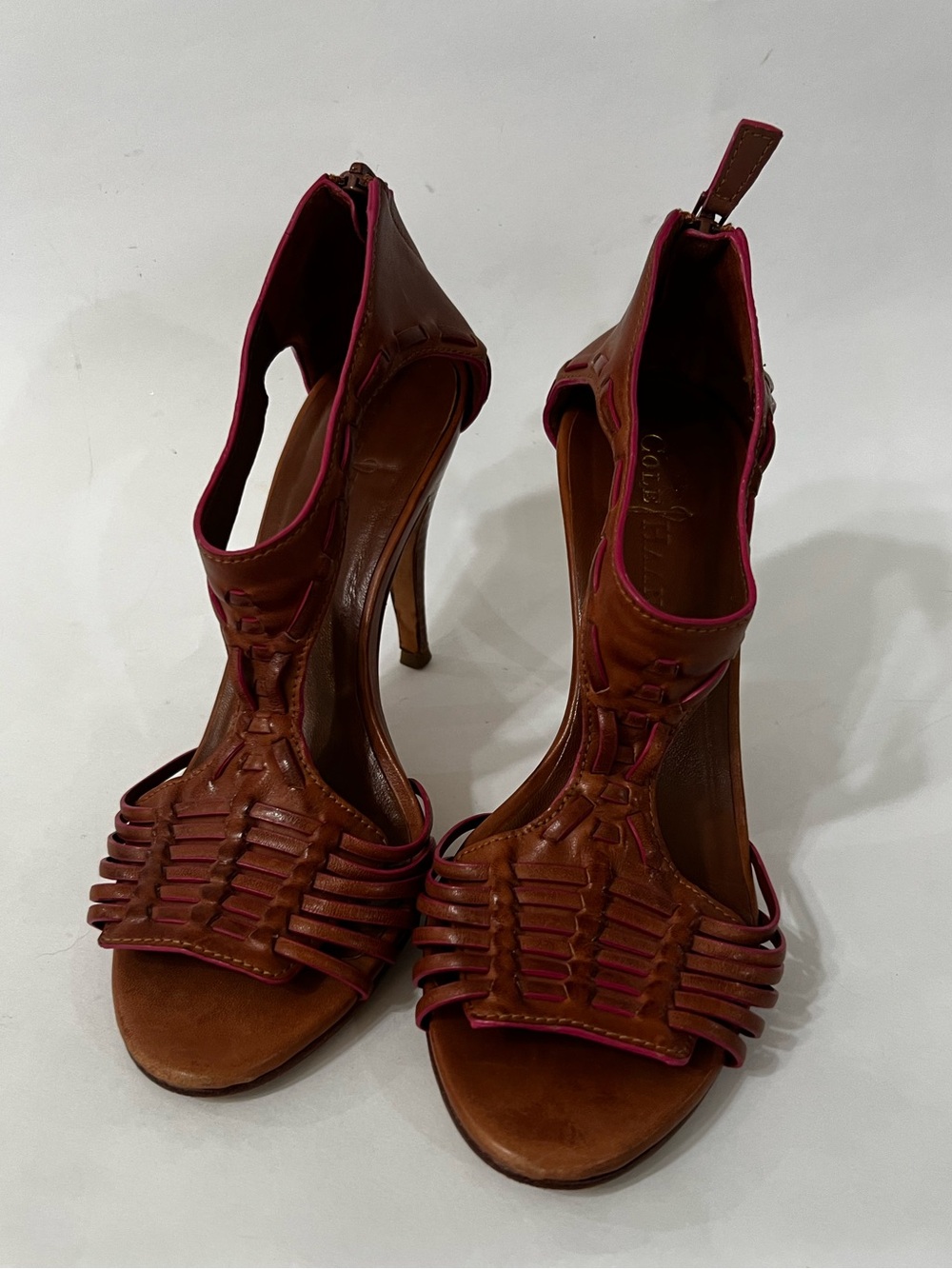 Cole Haan Brown Leather Huarache Heels Sandals Pink Trim Open Toe Heels Size 6.5 - Picture 4 of 9